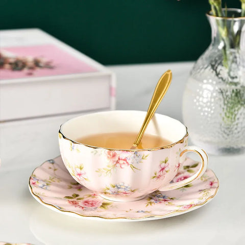 Pink Floral Bone China Teacup and Saucer with Spoon