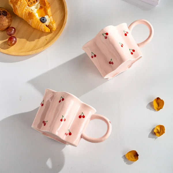 Pink Scalloped Mug with Cherries
