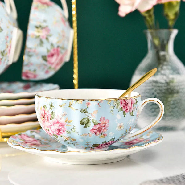 Blue Floral Bone China Teacup and Saucer with spoon