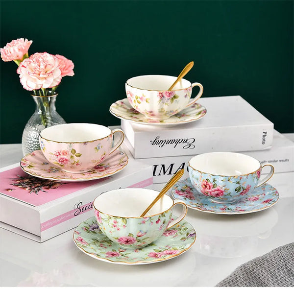 Blue Floral Bone China Teacup and Saucer with spoon