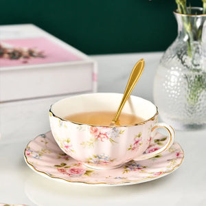 Pink Floral Bone China Teacup and Saucer with Spoon - The Traveling Teapot