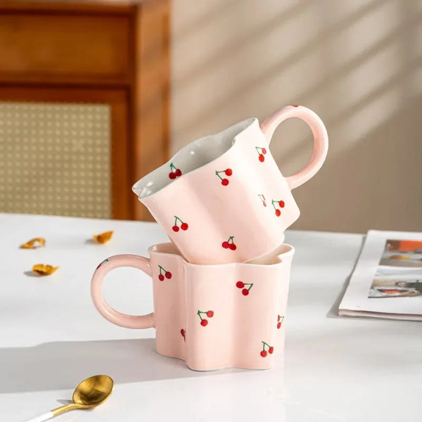 Pink Scalloped Mug with Cherries