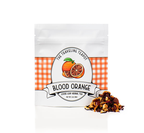Caffeine free, herbal, loose leaf blood orange tea in a 1 ounce bag