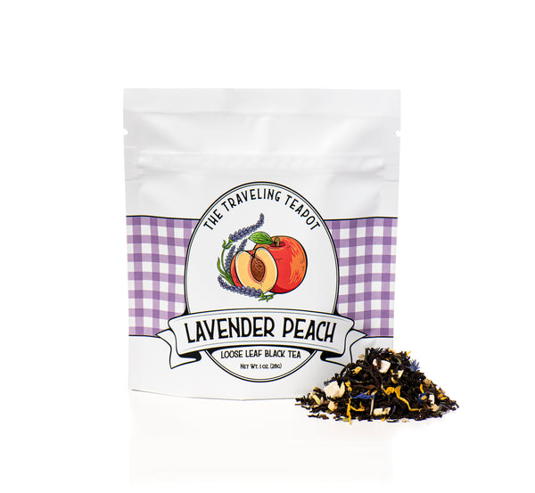 Lavender peach black tea in a retail package
