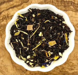 Lavender peach black tea loose leaves in a cup