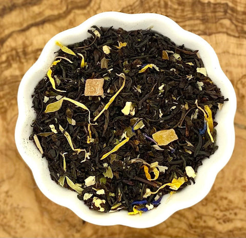 Lavender peach black tea loose leaves in a cup