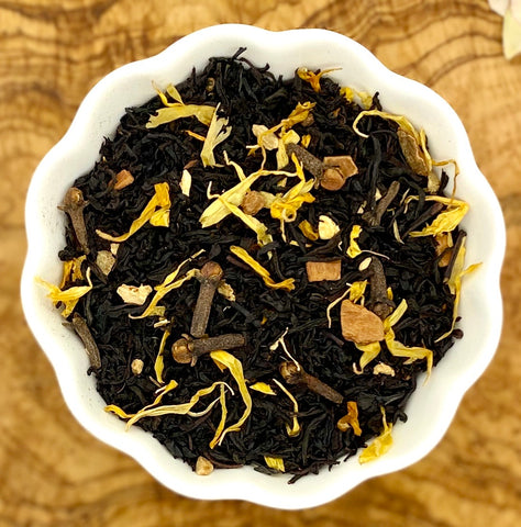 Pumpkin spice black tea loose leaves in a bowl